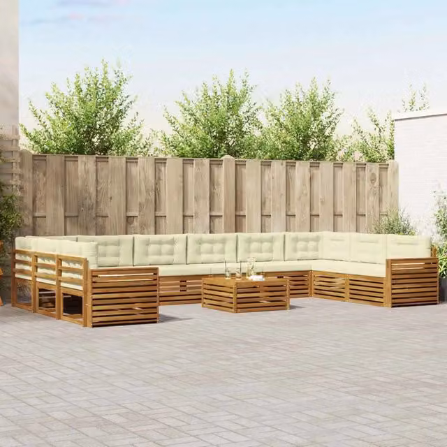 Set di divani da giardino vidaXL in legno di acacia massello con tavolo da caffè, 11 pezzi, beige e bianco – 1