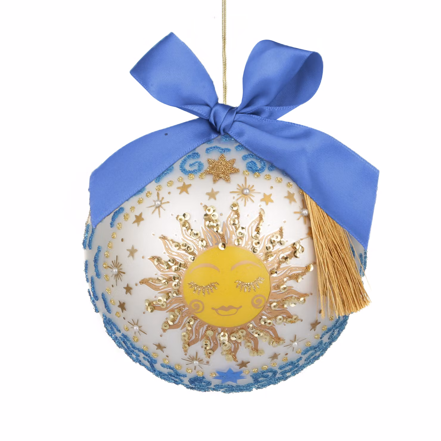 Pallina di Natale KASANOVA in vetro bianca con decorazioni astratte e stelle, Diametro: 12 cm – 2