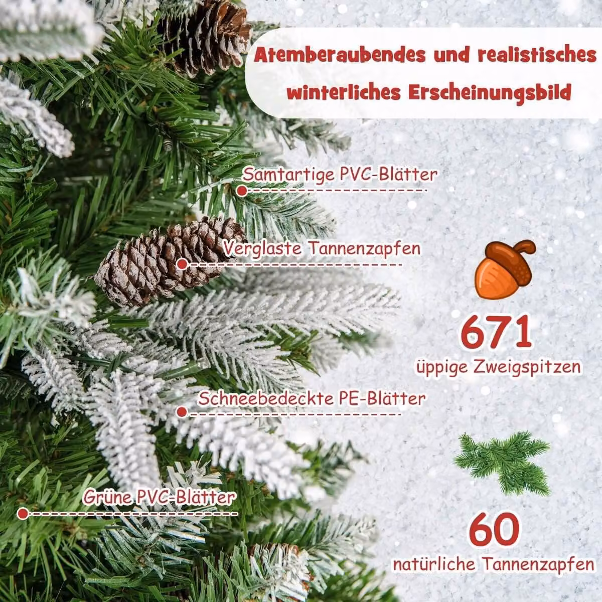 Albero di Natale artificiale da 190 cm con luci e neve Albero di Natale artificiale per la casa Verde + Bianco