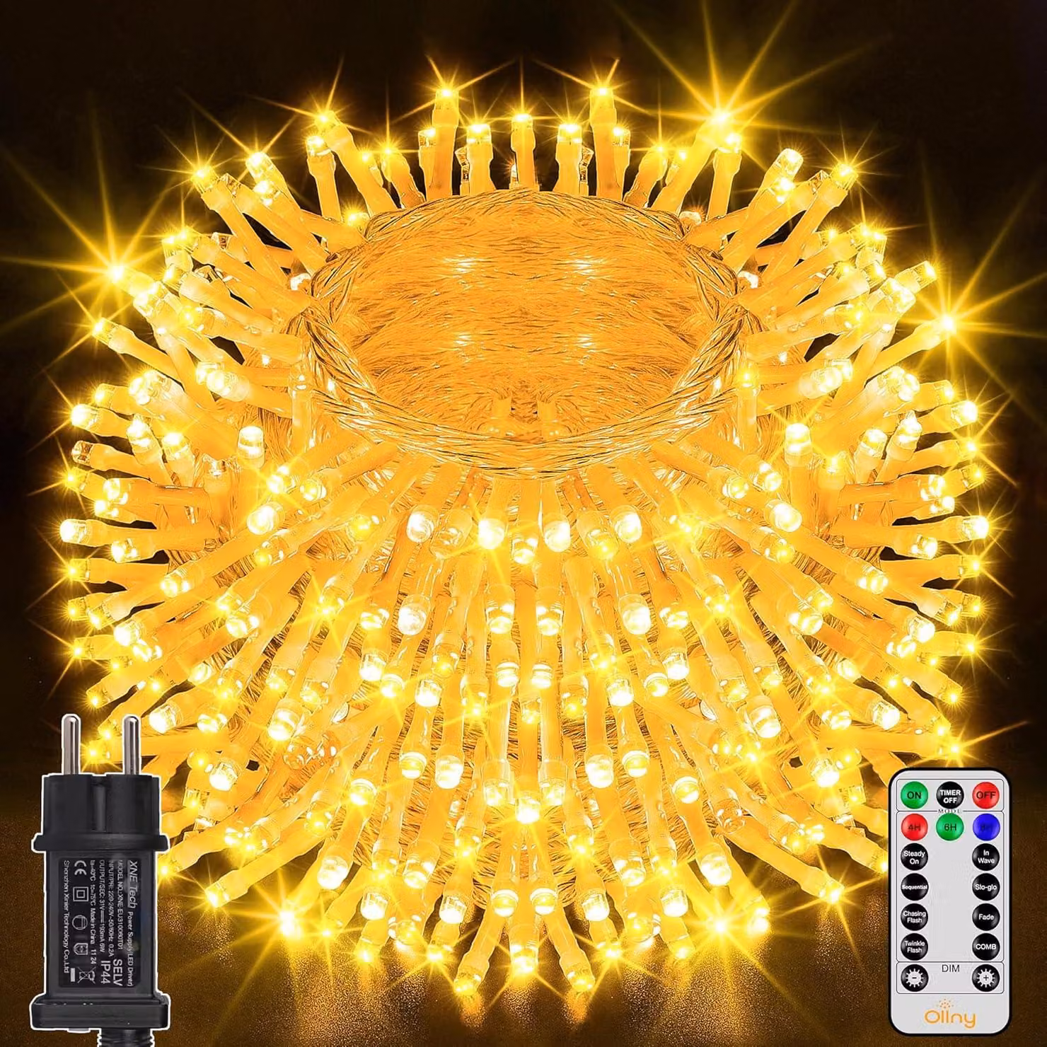 Catena luminosa da 40 metri - Con spina - Grado di protezione IP44 (resistente all'acqua) - Telecomando - Luce calda - Ideale per Natale