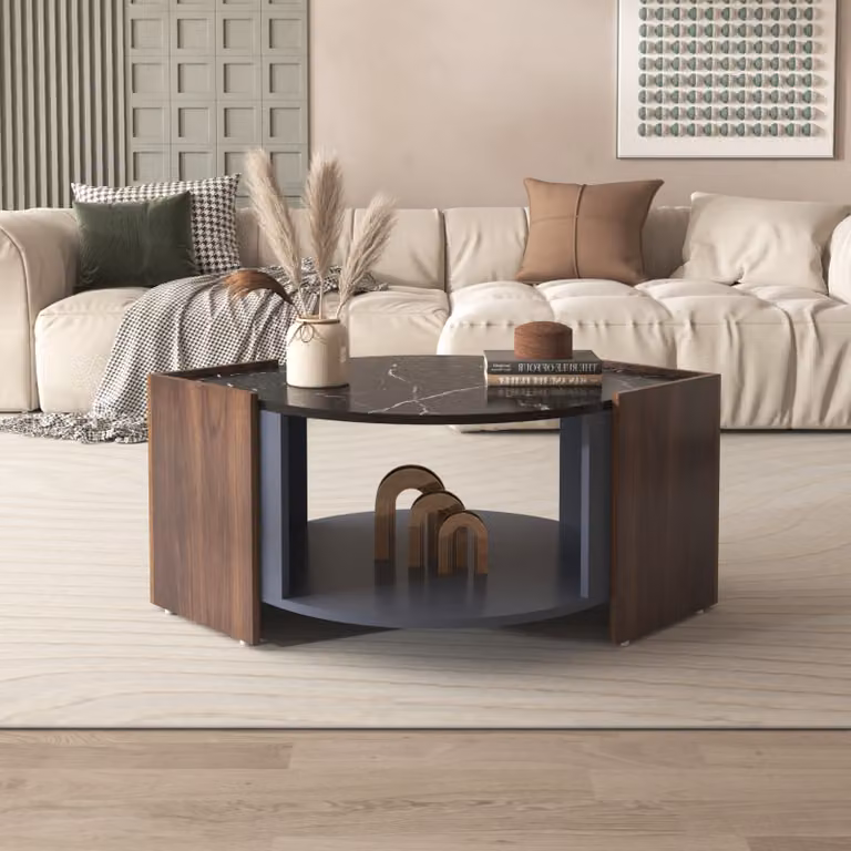 Tavolino 96,5x63x40cm, piano in marmo, noce a contrasto, tavolo da salotto dalle linee uniche