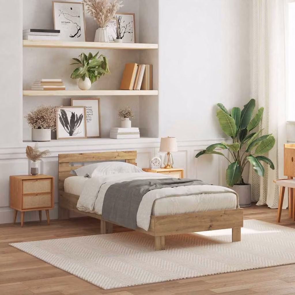Struttura del letto moderna vidaXL con testiera in rovere e illuminazione sottostante, L 90 x P 200 cm