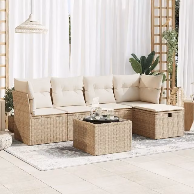 Set Divano da Giardino a L vidaXL in Polyrattan con Cuscini Beige e Tavolino da Esterno 6 Pezzi