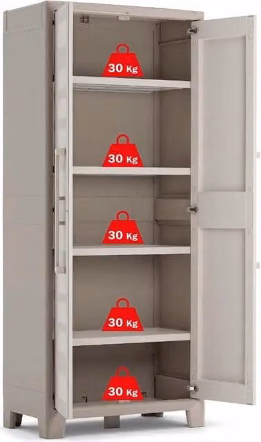 Cassa in plastica alta beige 80 x 44 x 182 cm inclusa tavola adatta per interni ed esterni resistente alla luce UV e all'acqua (IPX3) - Mobiliato di archiviazione versatile