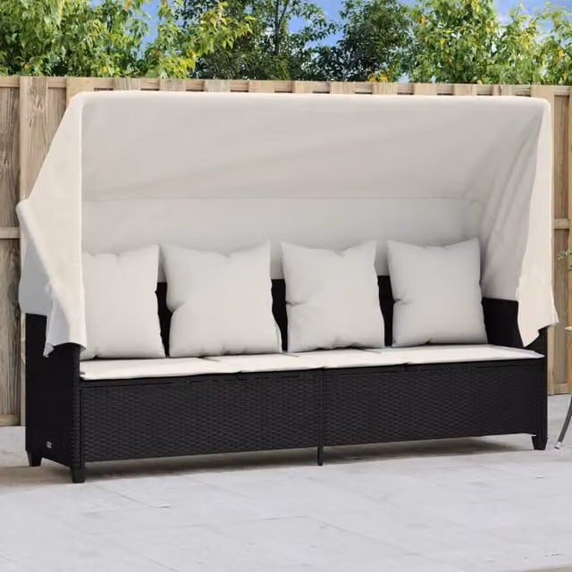 Lettino Prendisole con Baldacchino e Cuscini Nero Polyrattan 368353