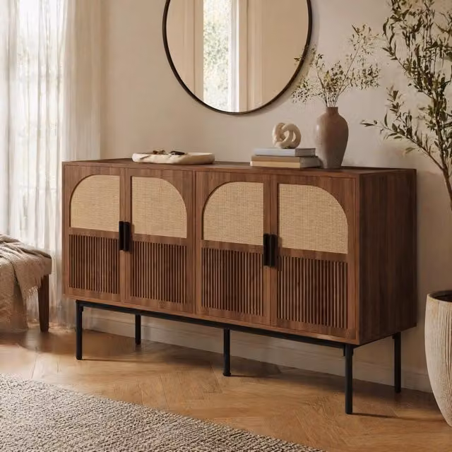 Credenza 140x40x80 cm in MDF naturale con 4 ante, per soggiorno salvaspazio –