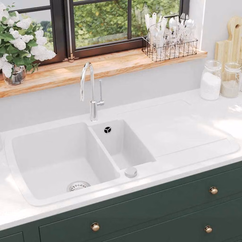 vidaXL Lavello da Cucina in Granito con Vasca Doppia Bianco L/P/H: 96 x 50 x 31 cm