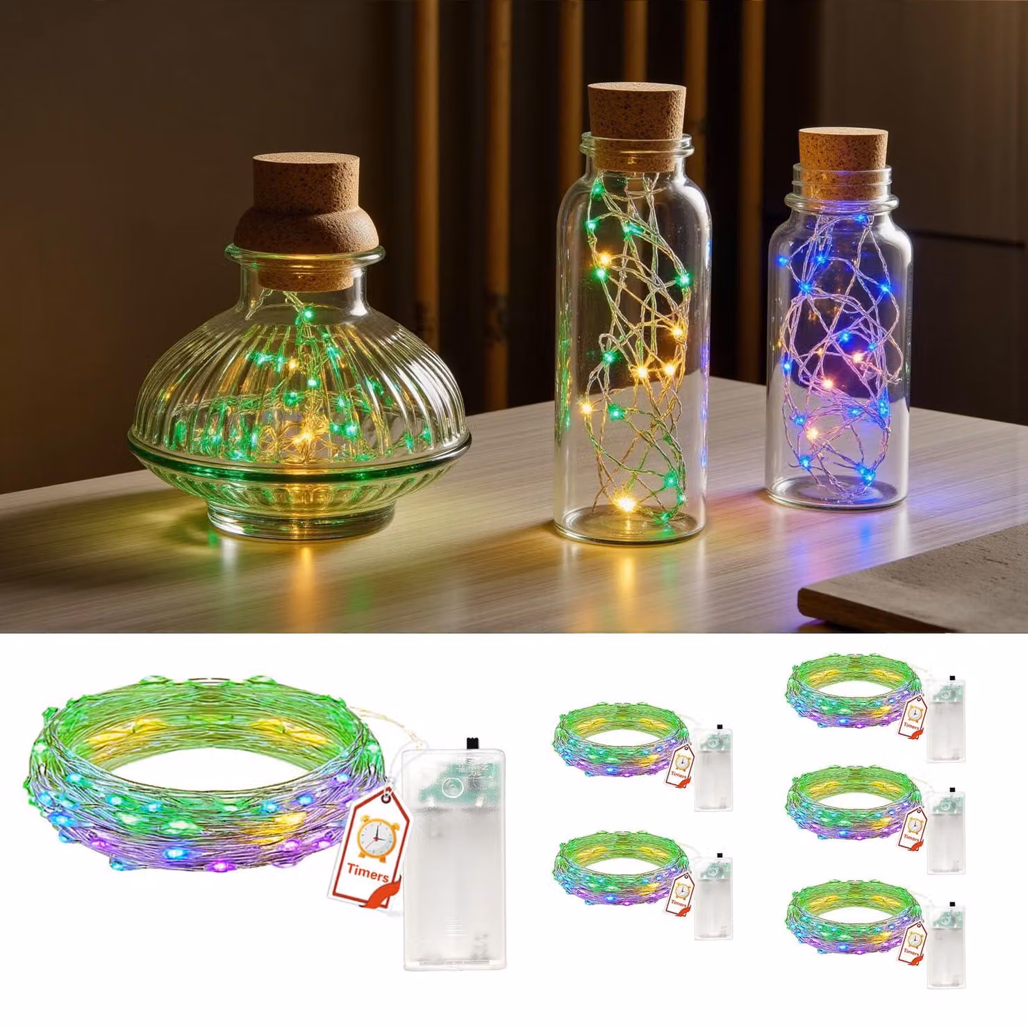 Catena luminosa con timer, confezione da 6, lunghezza 2 metri, 20 LED, multicolore