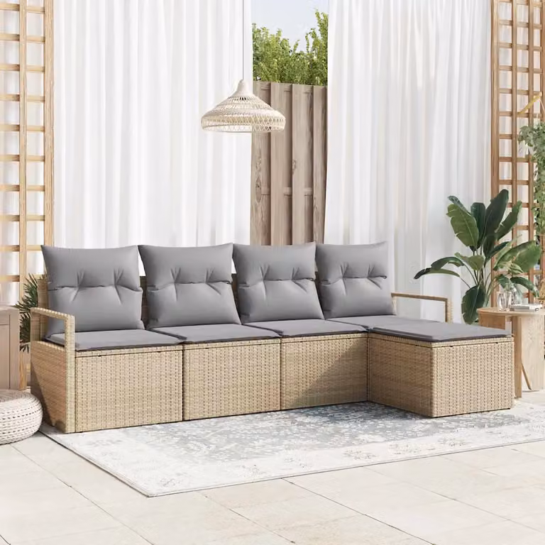 Set di divani da giardino vidaXL a forma di L composto da 5 pezzi in polyrattan beige con cuscini inclusi e struttura in acciaio