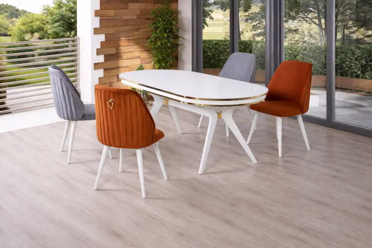 Tavolo con 4 sedie, stile moderno, colore bianco, comodo, nuovo, confortevole
