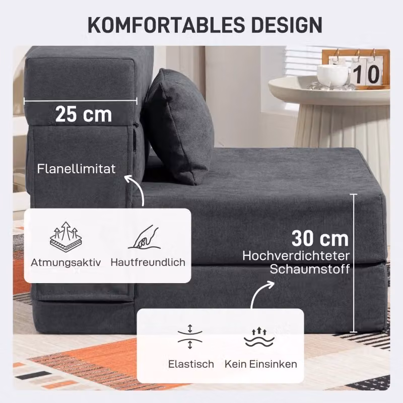 Poltrona letto pieghevole 3 in 1 FOLYNA in tessuto effetto flanella grigio scuro con cuscino L: 80 cm, P: 80 cm, H: 64 cm – 2