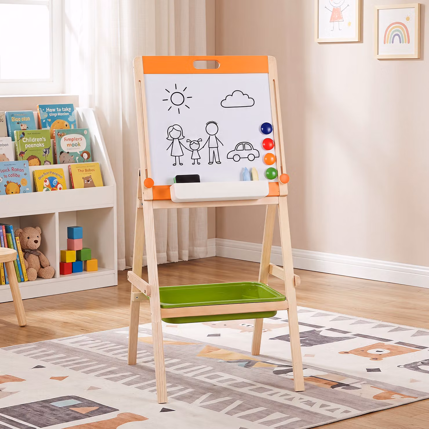 Cavalletto da disegno 2 in 1 Costway per bambini dai 3 anni in legno multicolore con lavagna bianca magnetica e altezza regolabile