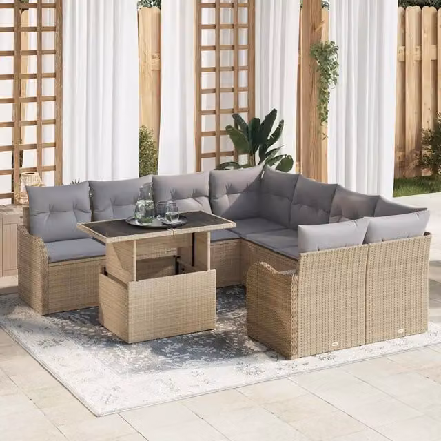 Set Divano da Giardino 9 pz Beige polyrattan 3348436