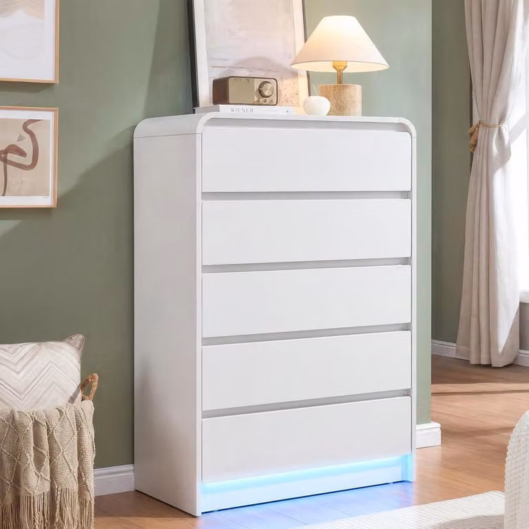 Comodino con anta in vetro e 5 cassetti, mobile contenitore bianco con sistema di sicurezza anticaduta