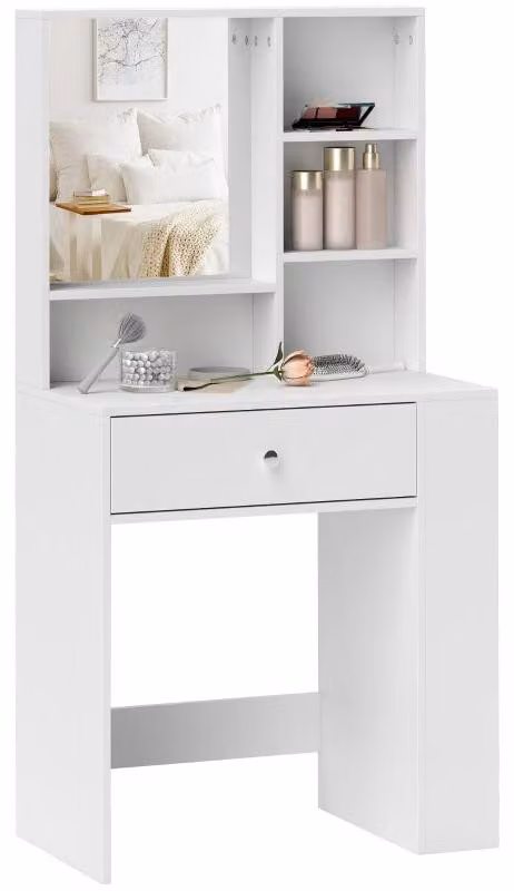 Comò da trucco con grande specchio e piano in laminato melaminico, in un design compatto e di colore bianco