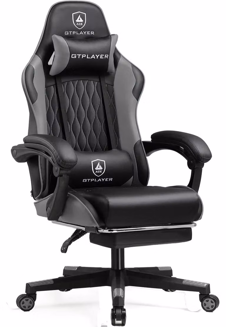 Sedia da gaming e da ufficio - GTP900 - Ergonomica, con poggiapiedi, girevole con rotelle, supporto lombare e cuscino regolabili, 150 kg, 50×52×130 cm - Grigio