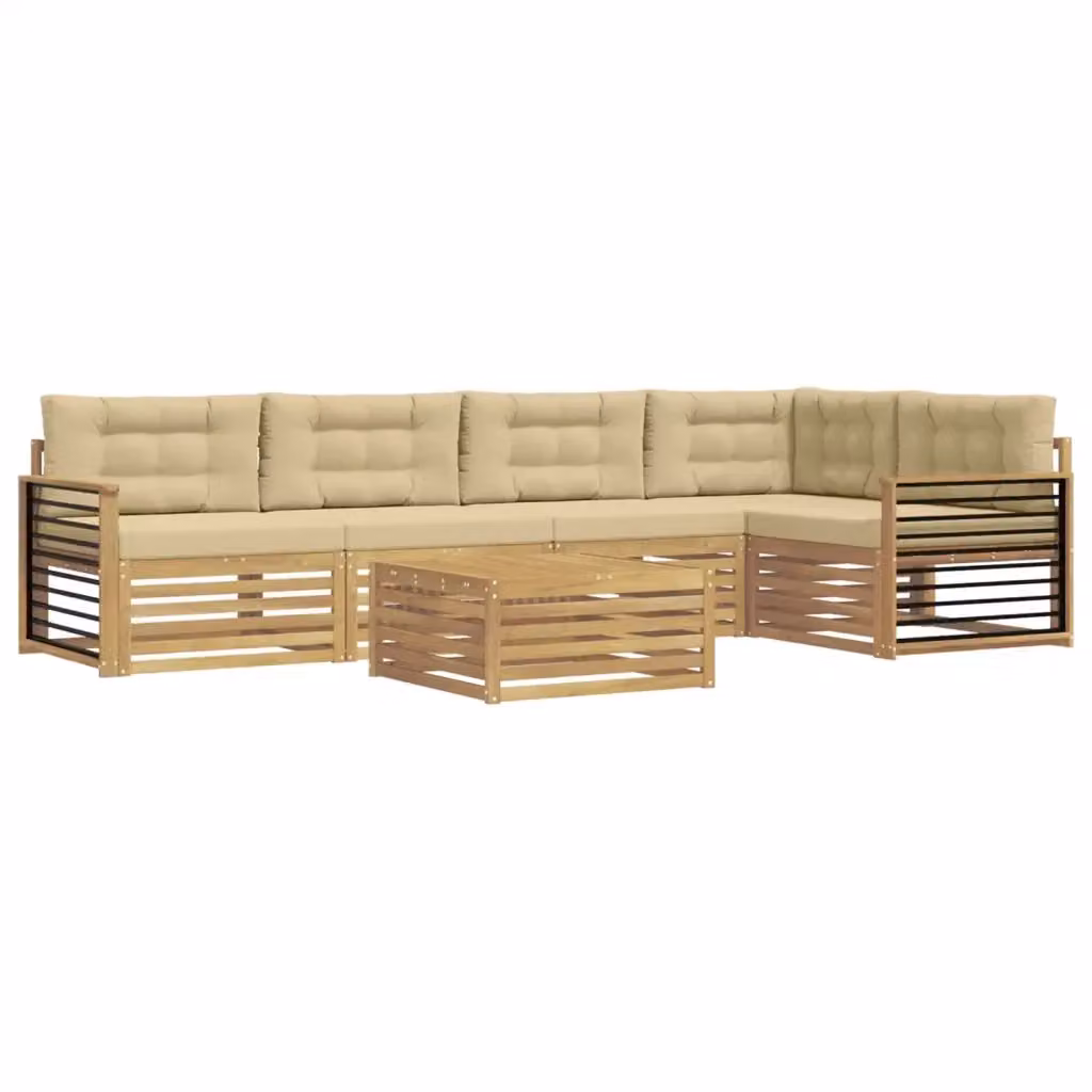 Set di divani da esterno a L vidaXL in legno di acacia con tavolo da caffè, 6 pezzi, Bianco e Beige – 2