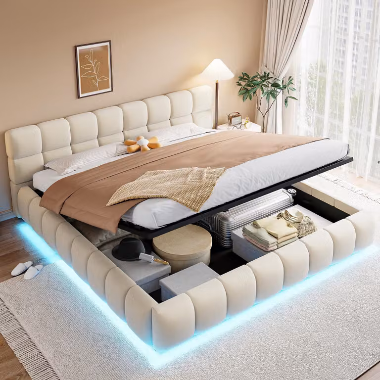 Letto imbottito 180x200 con spazio contenitore, letto per giovani con cassettone e illuminazione a LED, struttura del letto matrimoniale con funzione contenitore e testiera, color beige (senza materasso)
