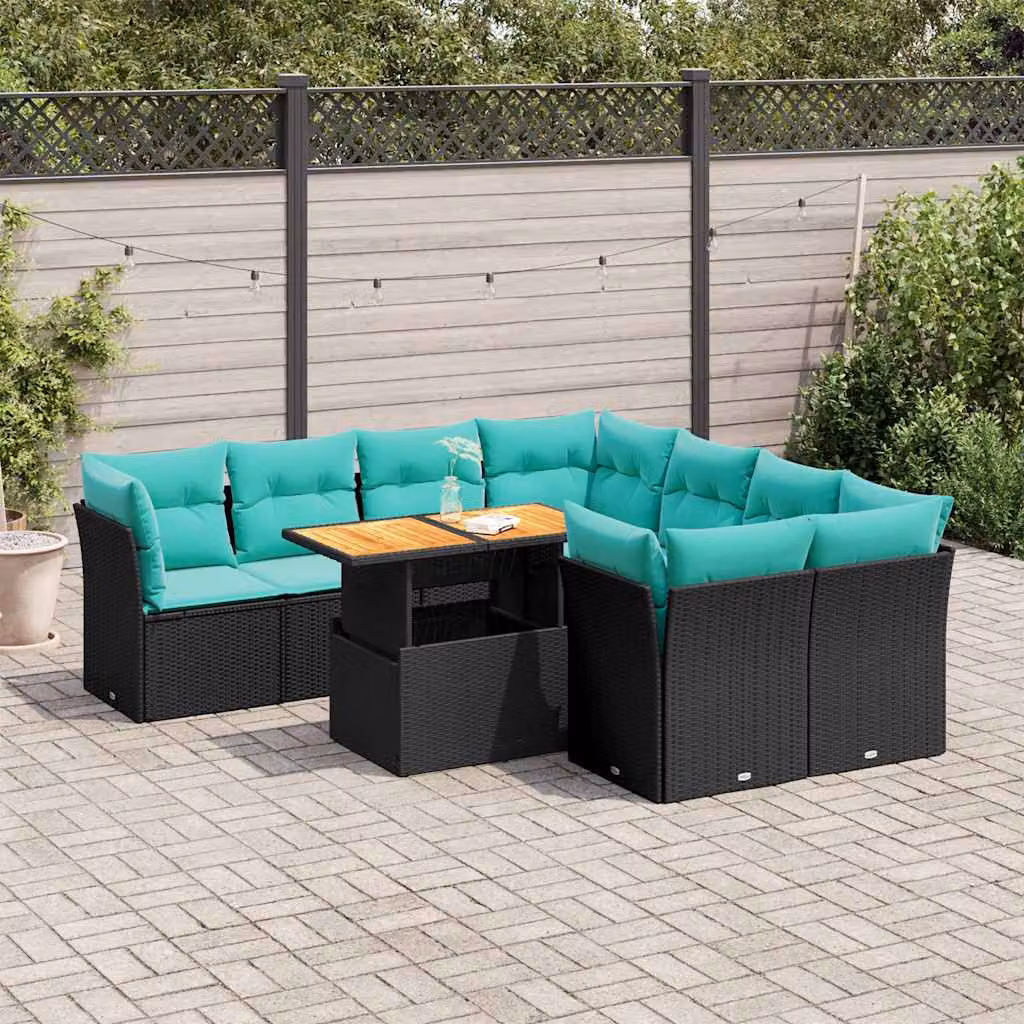 Set Divani da Giardino vidaXL 9 pz a Forma a U in Polyrattan con Cuscini Blu e Nero e Tavolino da Esterno