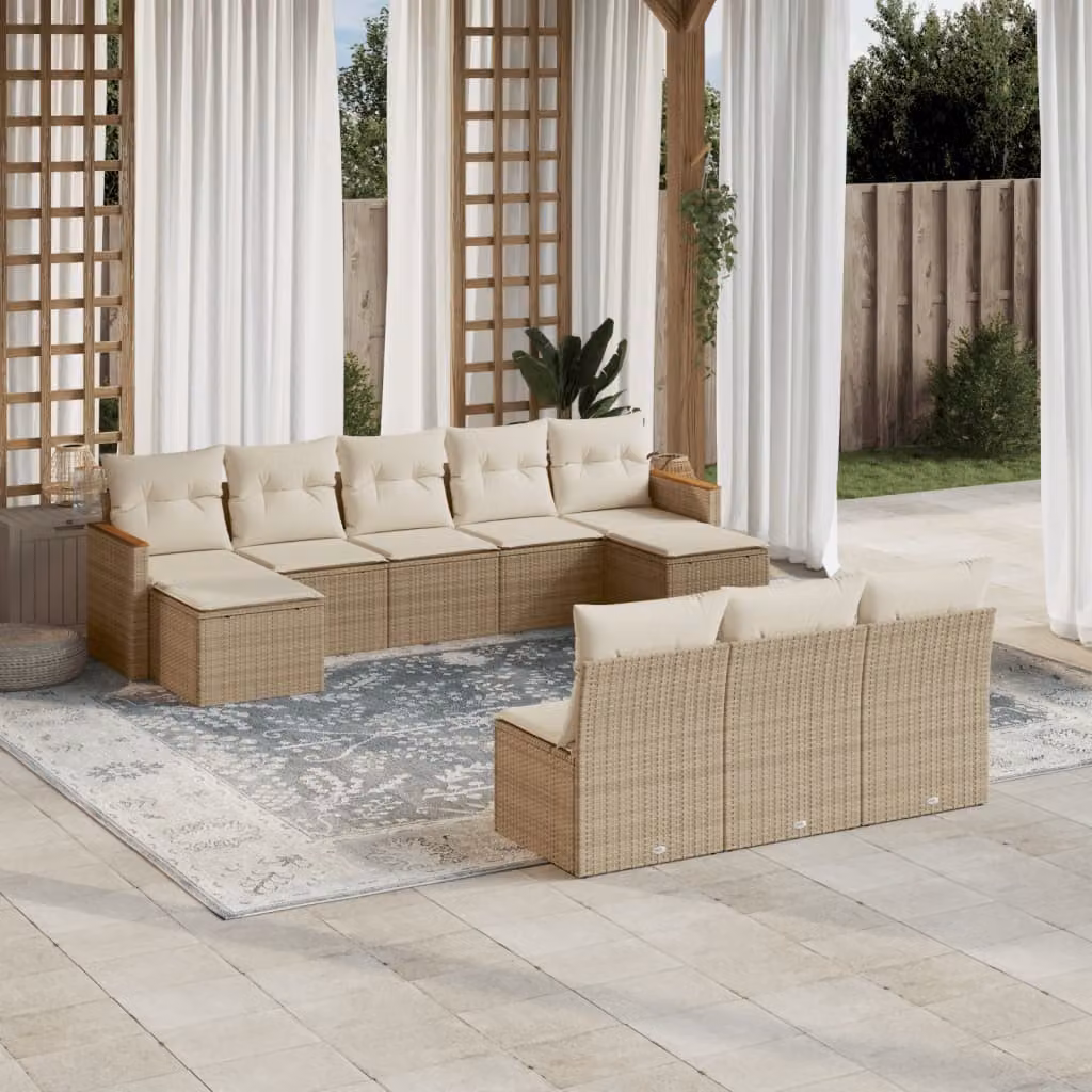 vidaXL Set Divano da Giardino 10 pz in Polyrattan con Cuscini Beige e Struttura in Acciaio Verniciato a Polvere – 1