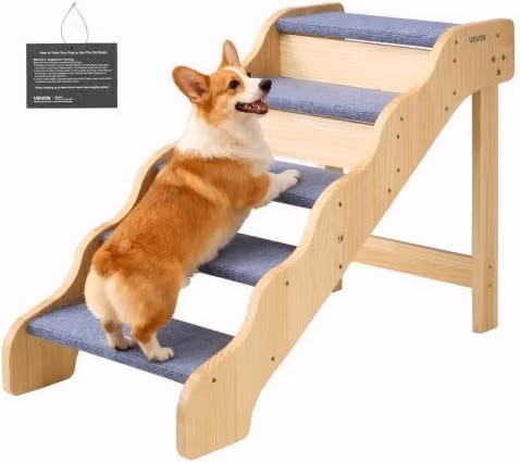 Scaletta VEVOR in Legno per Animali Domestici con 5 Gradini, Superficie Antiscivolo, Colore Marrone, per Cani e Gatti di Piccola e Media Taglia