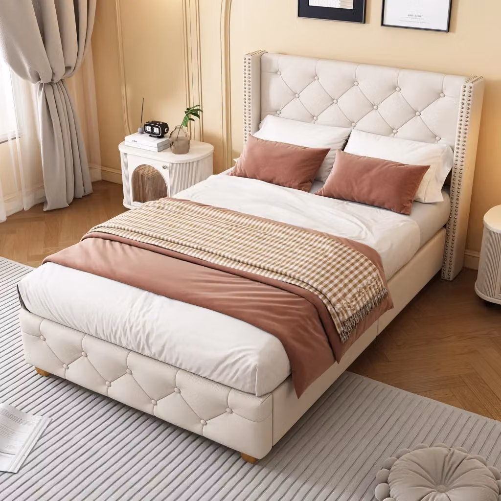 Letto imbottito REDOM in tessuto beige con rete a doghe L/P/H: 90 x 200 x 108 cm – 2