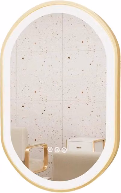 Specchio Bagno LED con Cornice in Alluminio Oro - Illuminazione con 3 Modalità di Colore - Regolabile - Funzione di Memoria - Pannello Demister - Design Stilizzato - 80x50 cm - Montaggio Facile alla Parete