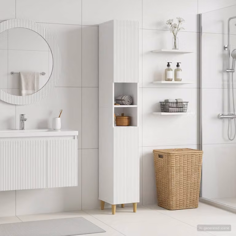 Armadio da bagno moderno vidaXL ARNHEM bianco lucido con ripiani e ante a battente L 31 cm x P 23,9 cm x H 190 cm