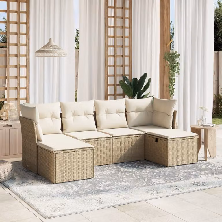 vidaXL Set Divano da Giardino 6 pz a L in Polyrattan con Cuscini Beige e Struttura in Acciaio Verniciato a Polvere