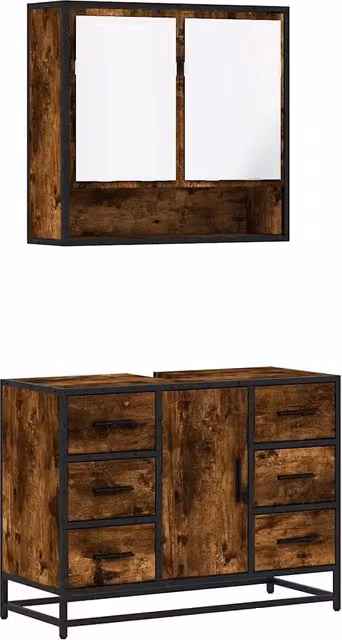 Set Mobili da Bagno | Armadio da bagno 2 pz Rovere Fumo in Legno Multistrato