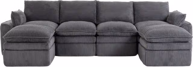 Divano modulare 4 posti in velluto a coste con 2 pouf, cuscini inclusi, rivestimento grigio scuro