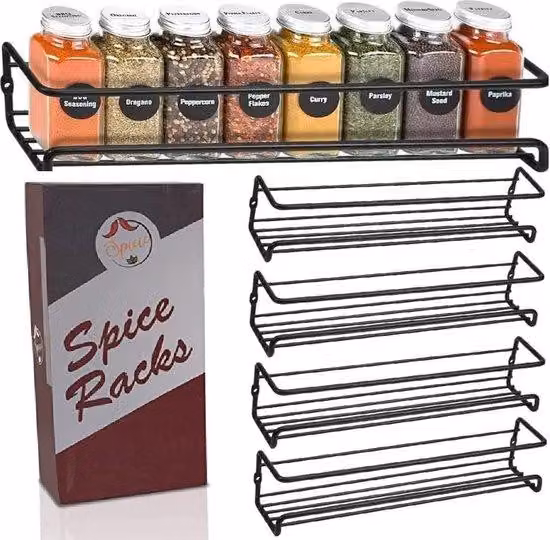 Portaspezie in metallo di alta qualità, nero, 4 pezzi, da appendere, organizer per la tua cucina, spazio per erbe aromatiche o spezie