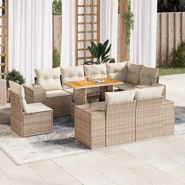 Set Divano da Giardino vidaXL 9 pz in Polyrattan con Cuscini Beige e Struttura in Legno di Acacia Oliato
