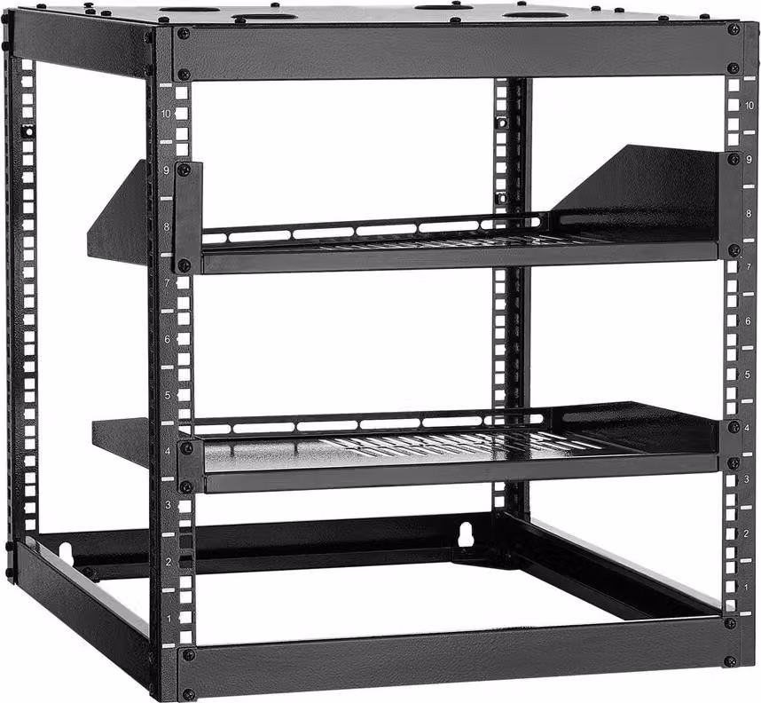 Rack di rete a telaio aperto 10U, profondità 585 mm, rack per server montato a parete o a pavimento, 4 montanti per impieghi gravosi, con ripiani ventilati e hardware di montaggio, può contenere tutte le vostre apparecchiature IT di rete e AV.
