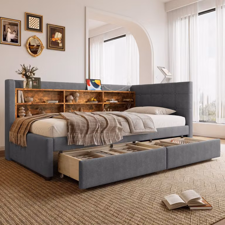 MODFU Divano letto senza materasso 90x200 Letto da giorno con vani portaoggetti, letto da giorno con 2 cassetti e rete a doghe, letto per ragazzi con USB e Type-C, Grigio