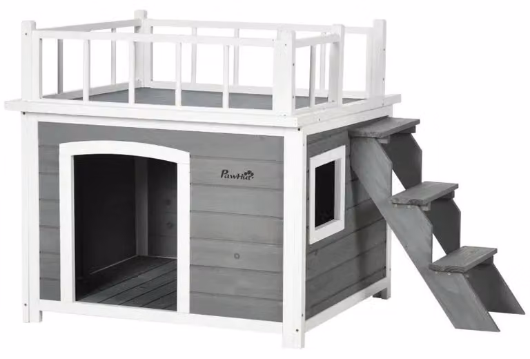 Cuccia per cani con terrazza sul tetto e scala | Colore: naturale e beige | Dimensioni: 70x65x66 cm