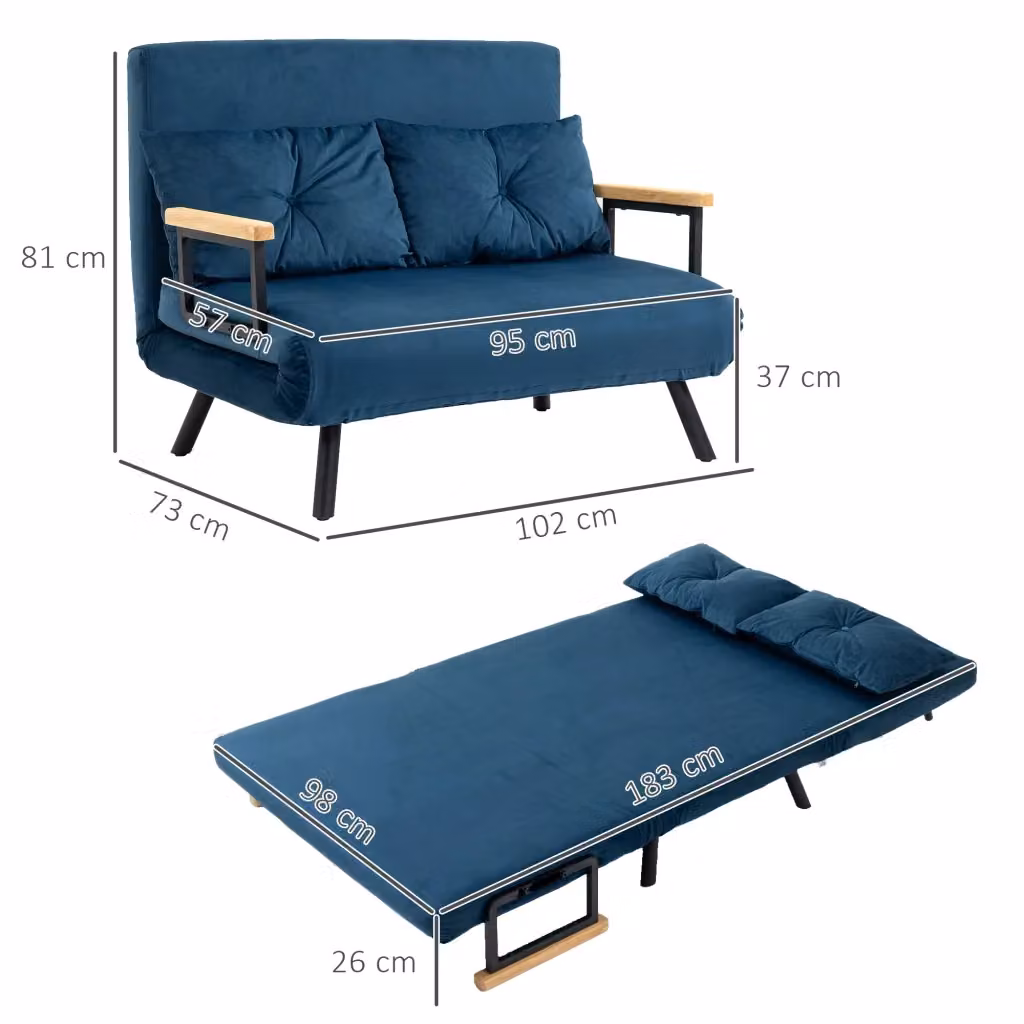 Poltrona letto convertibile WISHDOR con schienale reclinabile e braccioli, tessuto blu, L: 102 cm, P: 73 cm, H: 81 cm – 2