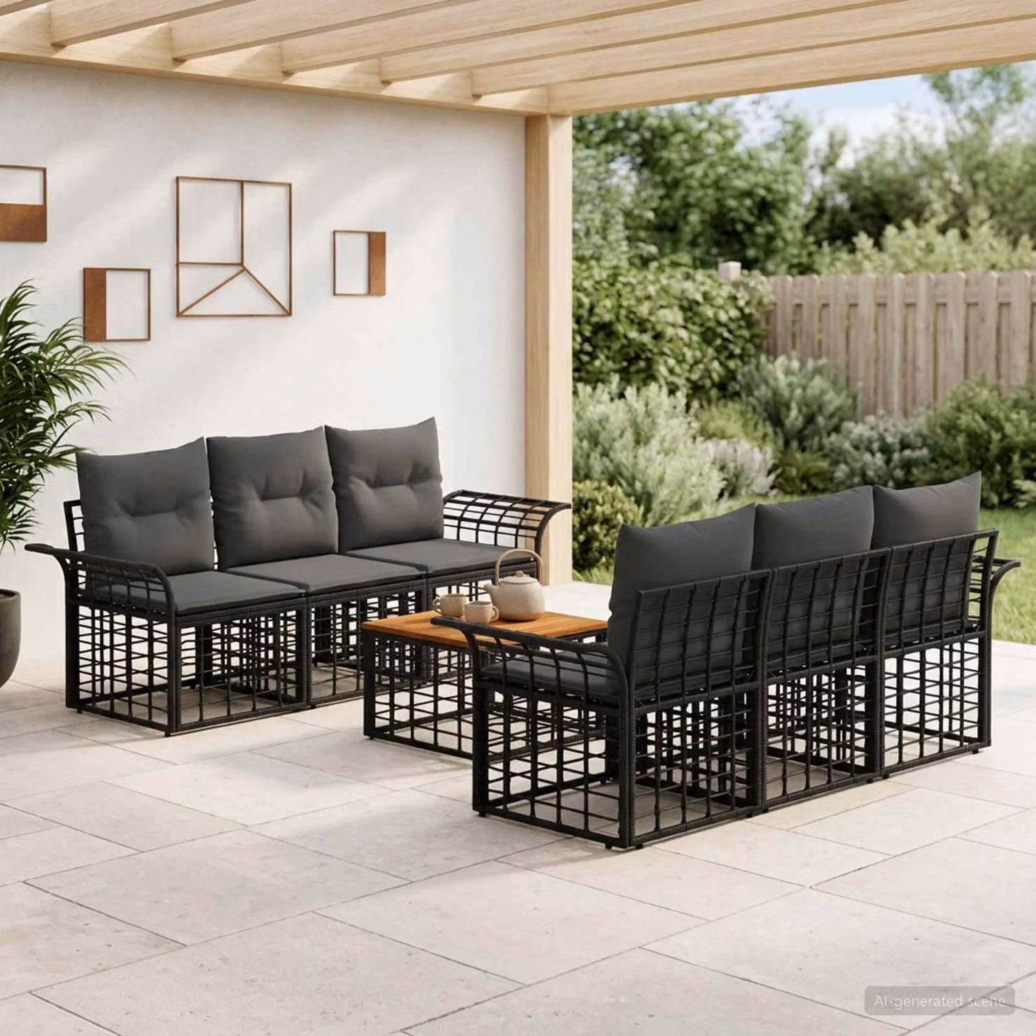 Set di divani da esterno vidaXL in polyrattan a forma di U composto da 7 pezzi con cuscini, colore nero e grigio scuro