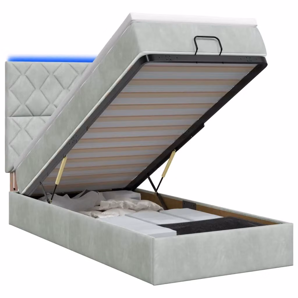 Letto Ottomano con Materasso Ibrido vidaXL Grigio e Bianco con Illuminazione LED Sotto il Letto e Base a Sollevamento L/P/H: 90 x 190 x 88 cm – 2