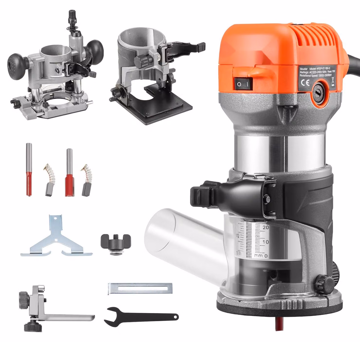 Fresatrice per legno elettrica - 710 W, fresatrice manuale, fresatrice per bordi - controllo della velocità - avviamento graduale - base fissa e a immersione - base inclinabile - guida parallela - alimentazione a cavo