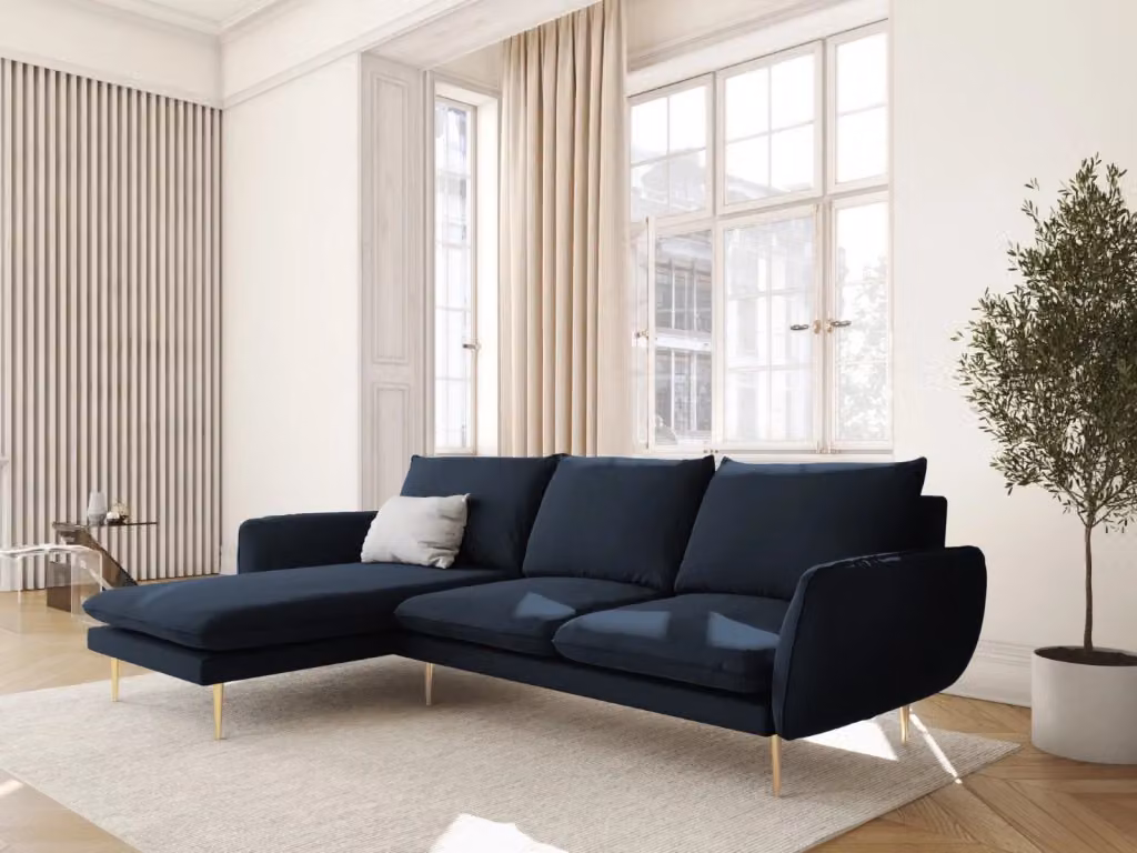 Divano angolare sinistro Vienna Cosmopolitan Design in velluto blu e oro da 5 posti per il tuo soggiorno – 2