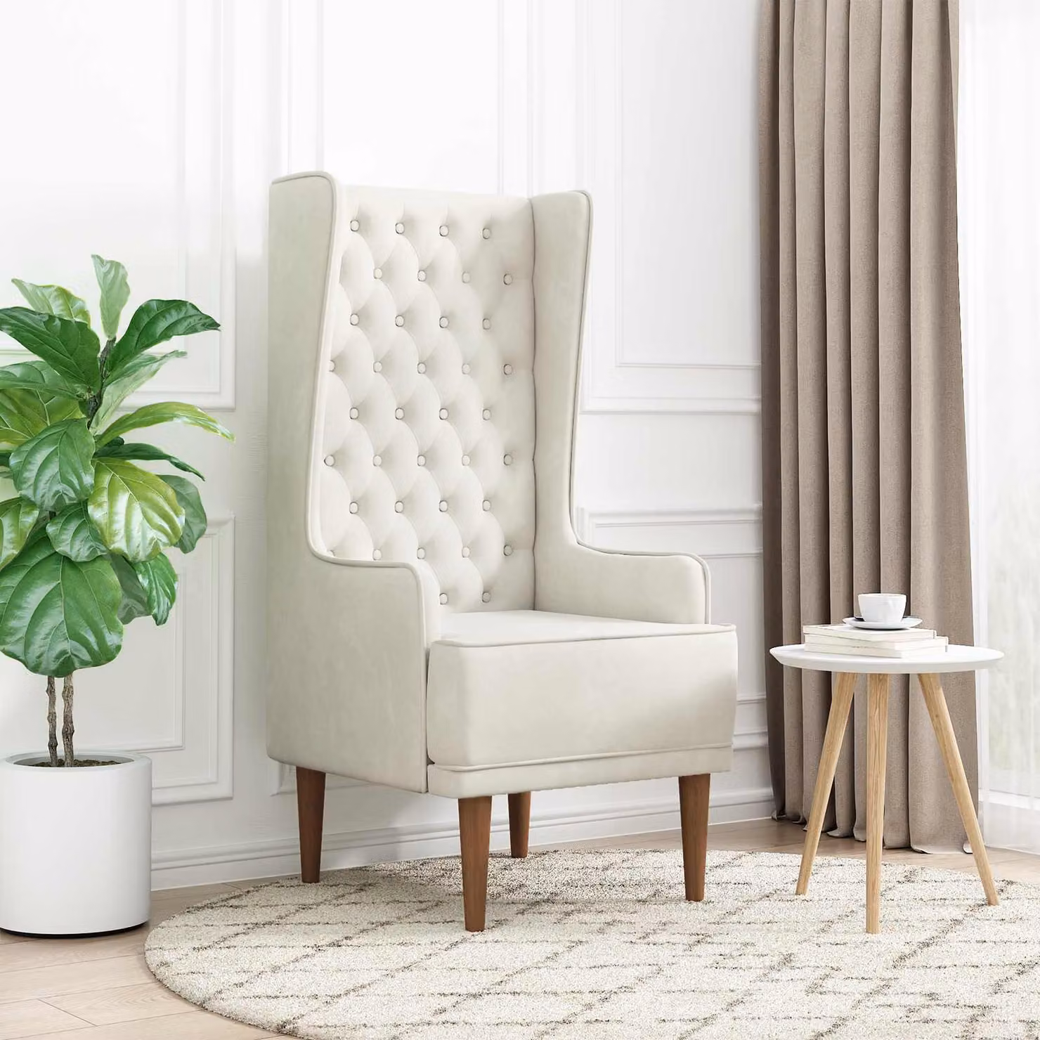 Sedia vidaXL in velluto beige con schienale alto trapuntato stile Chesterfield e gambe in legno