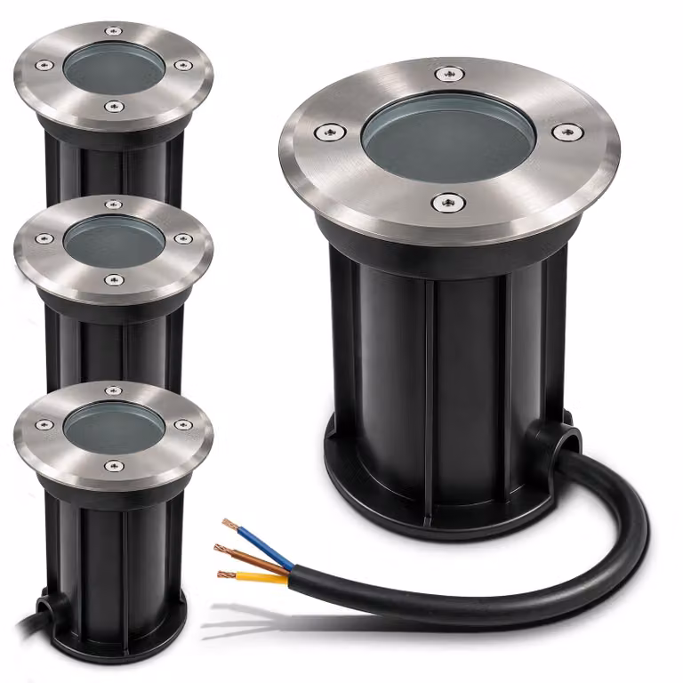 Set di 4 faretti da incasso a pavimento, attacco GU10, grado di protezione IP67, adatti al passaggio di veicoli, forma rotonda, finitura spazzolata