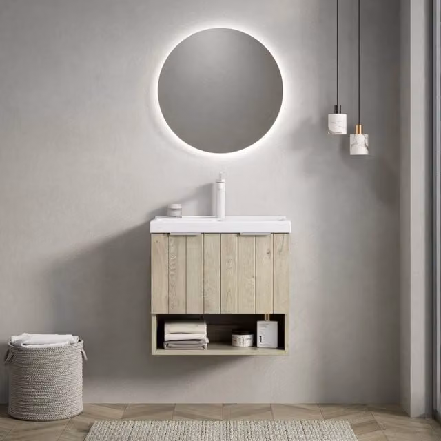 Mobile lavabo da bagno a parete 55 cm con lavabo in ceramica bianco rettangolare, mobile a strisce con doppie ante e ripiano aperto, colore legno di quercia crema