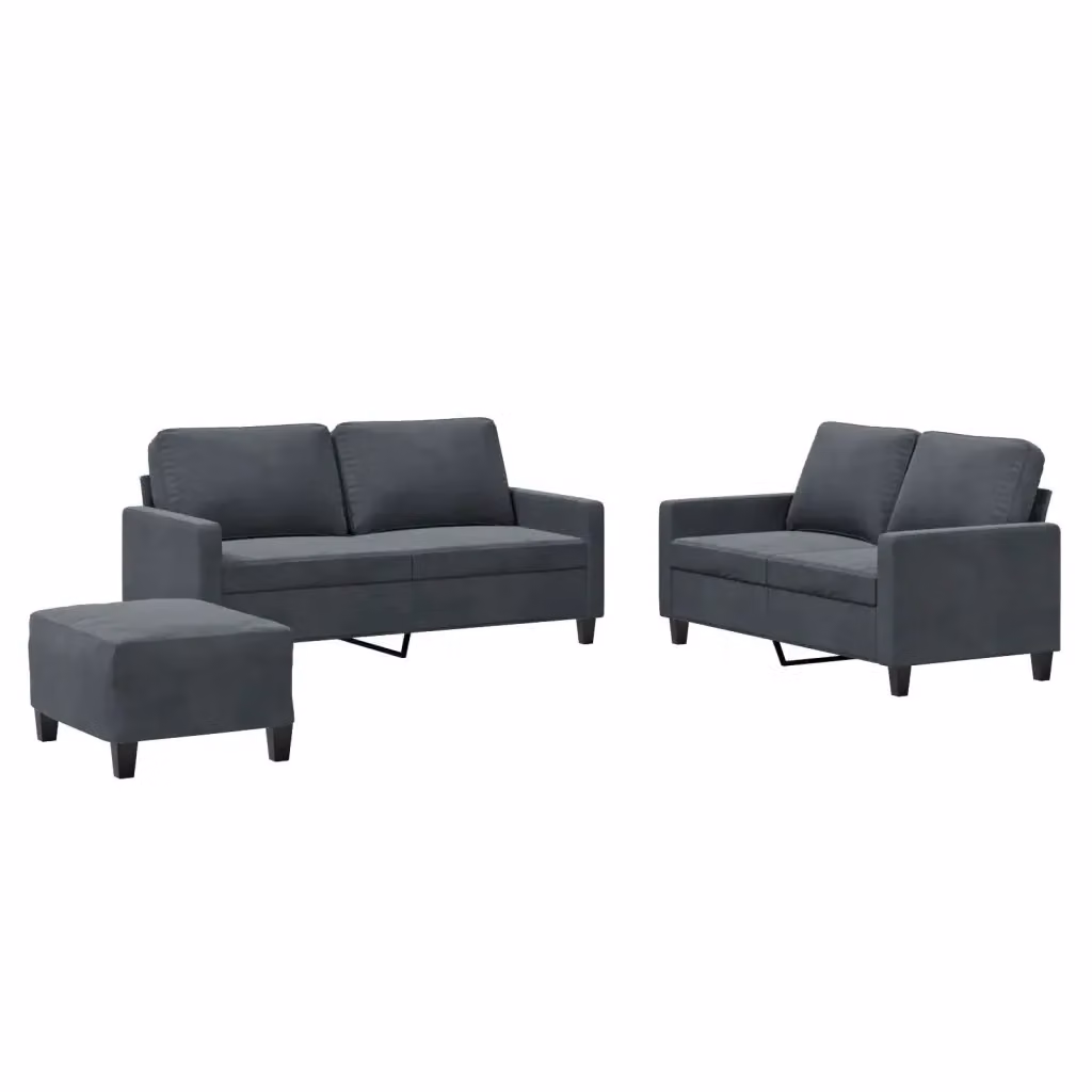 Set di 3 Divani Moderni vidaXL in Velluto Grigio con Cuscini e Struttura Imbottita – 2
