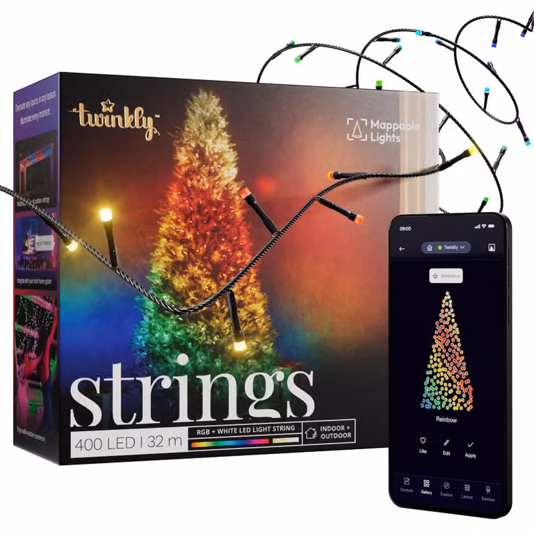 Catena luminosa LED, 400 LED RGB+bianco, 32 metri, grado di protezione IP44, con controllo tramite app