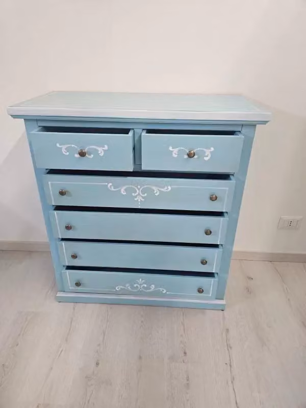 Cassettiera in legno di pino con 6 cassetti in stile shabby chic azzurro anticato Mobili 2G L/P/H: 86 x 25 x 96 cm