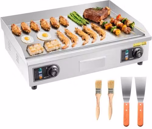 Piastra per BBQ Elettrica Commerciale Vevor in Acciaio Inox Color Argento, 4000 W con Temperatura Regolabile, L: 65,5 cm, P: 40,0 cm