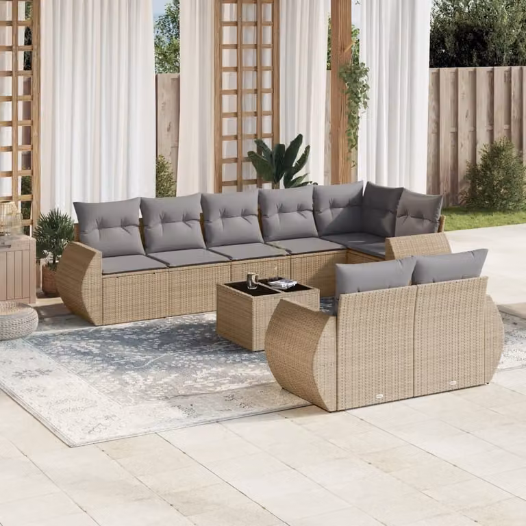 vidaXL Set Divano da Giardino 9 pz a Forma di L con Cuscini Beige e Tavolino in Vetro