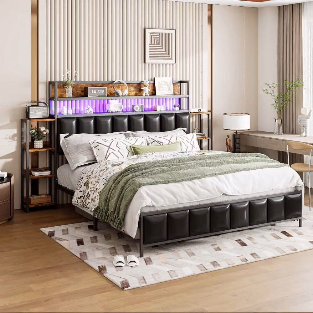 Letto imbottito AIORBER, 160x200 cm, con illuminazione LED, struttura in metallo, doppi ripiani, Similcuoio, ripiani bifacciali, letto matrimoniale, nero